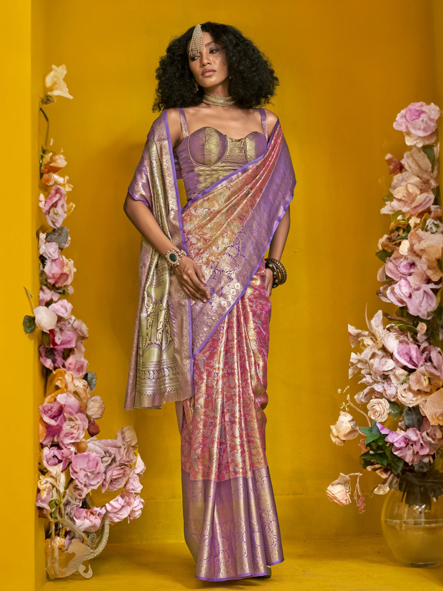 Shiny Pink Duel Tone Woven Kanjivaram Silk Saree
