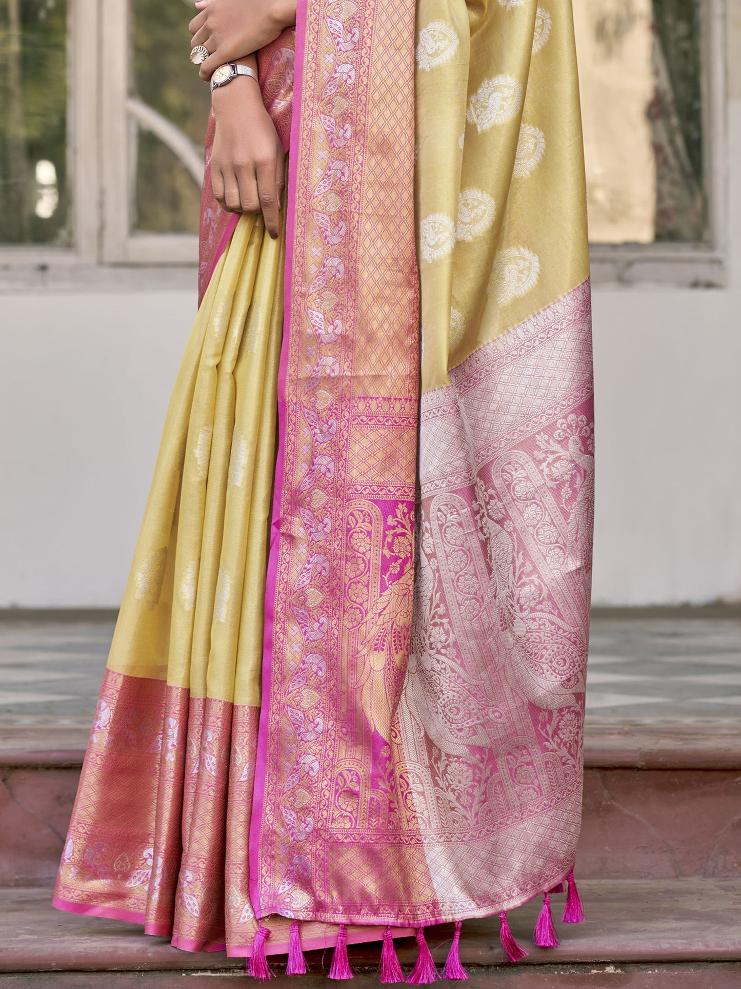Sandcastle Yellow Tissue Silk Saree