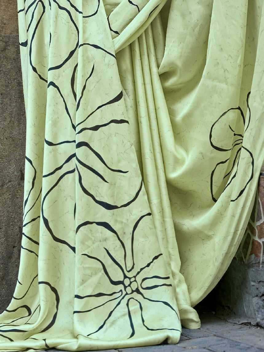 Antique Pista Satin Crepe Print Saree