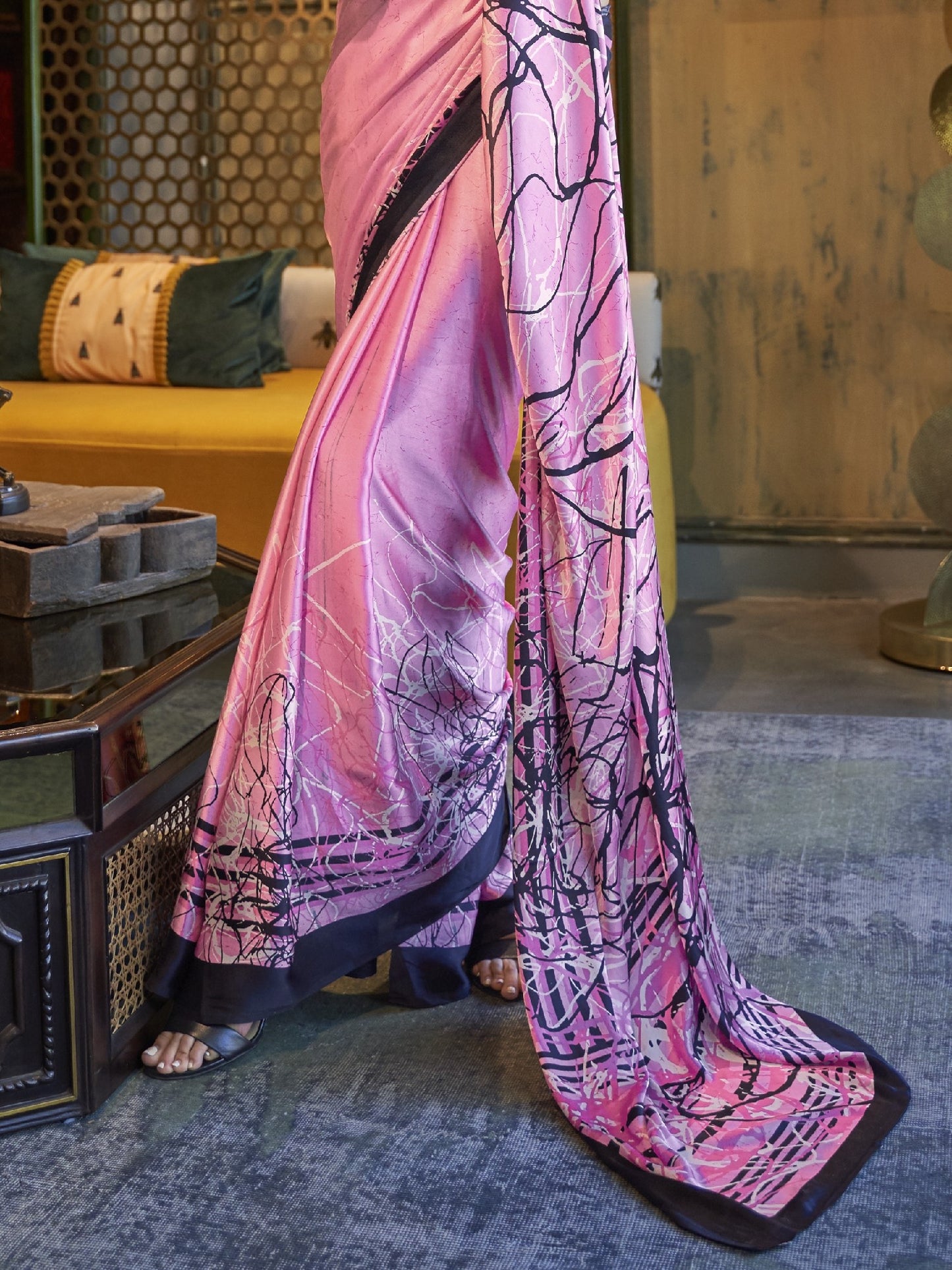 Sweet Pink Satin Silk Printed Saree