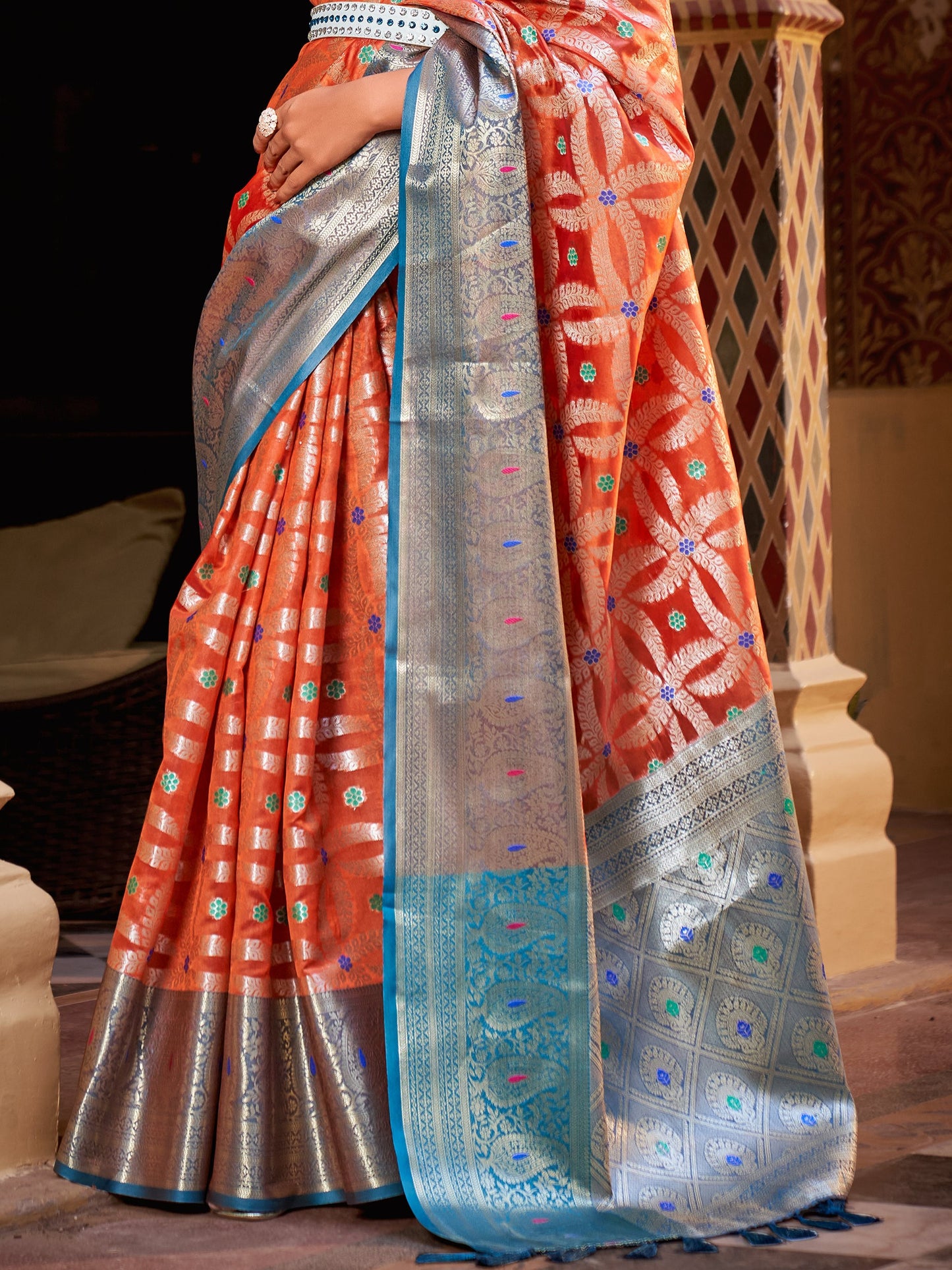 Brick Brown Tissue Silk Saree