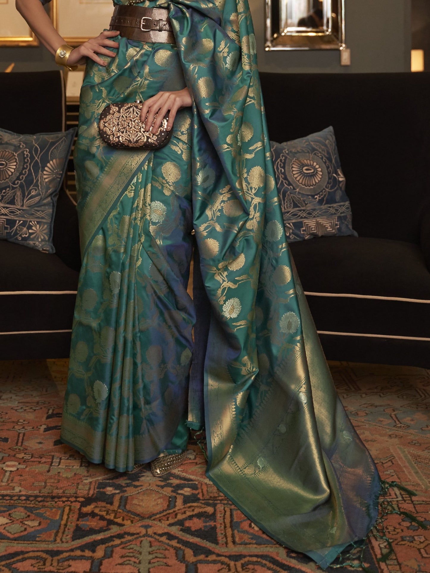 Turquoise Green Woven Banarasi Saree