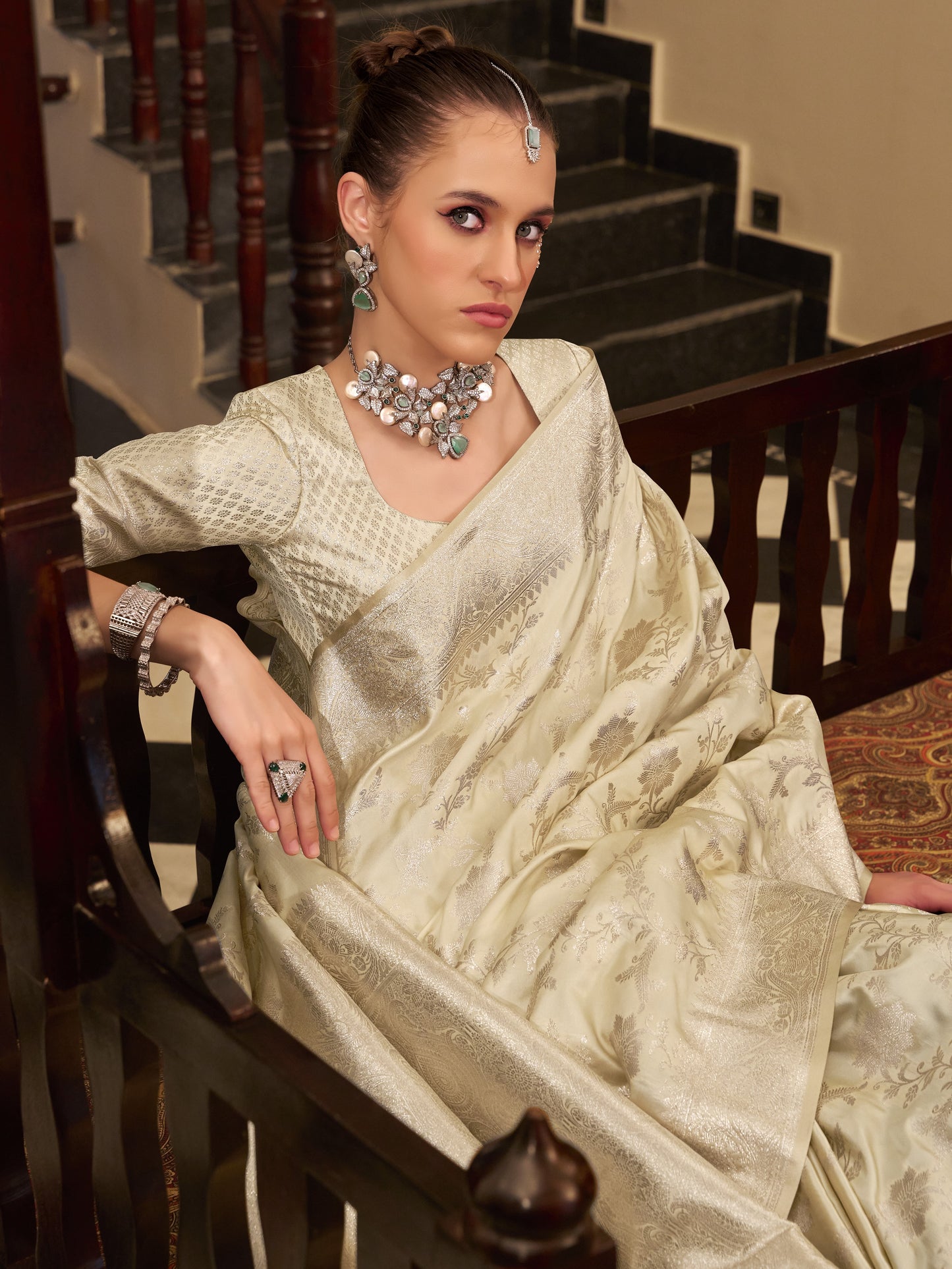 Silver White Woven Banarasi Satin Silk Saree