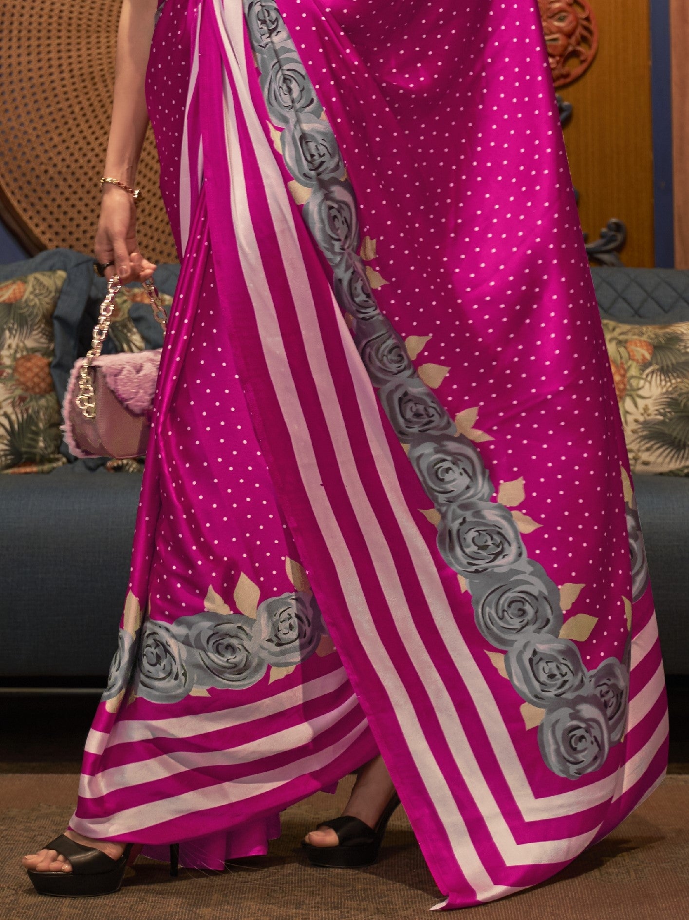 Deep Pink Satin Silk Printed Saree