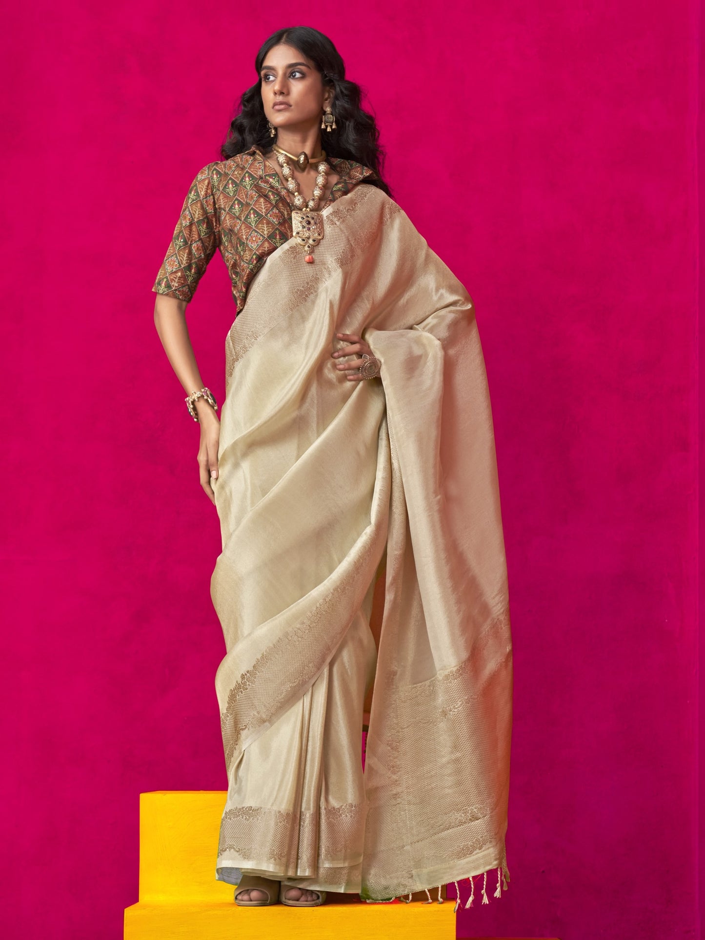 Misty White Zari Woven Tissue Silk Saree with Contrast Blouse