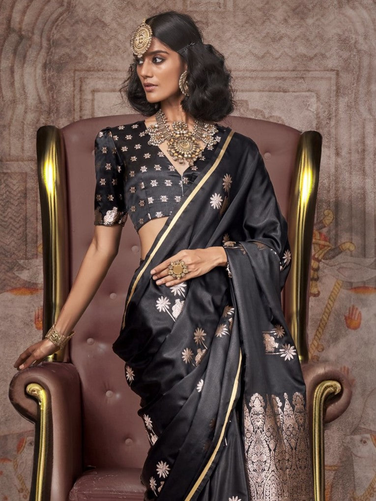Ink Black Woven Banarasi Satin Silk Saree