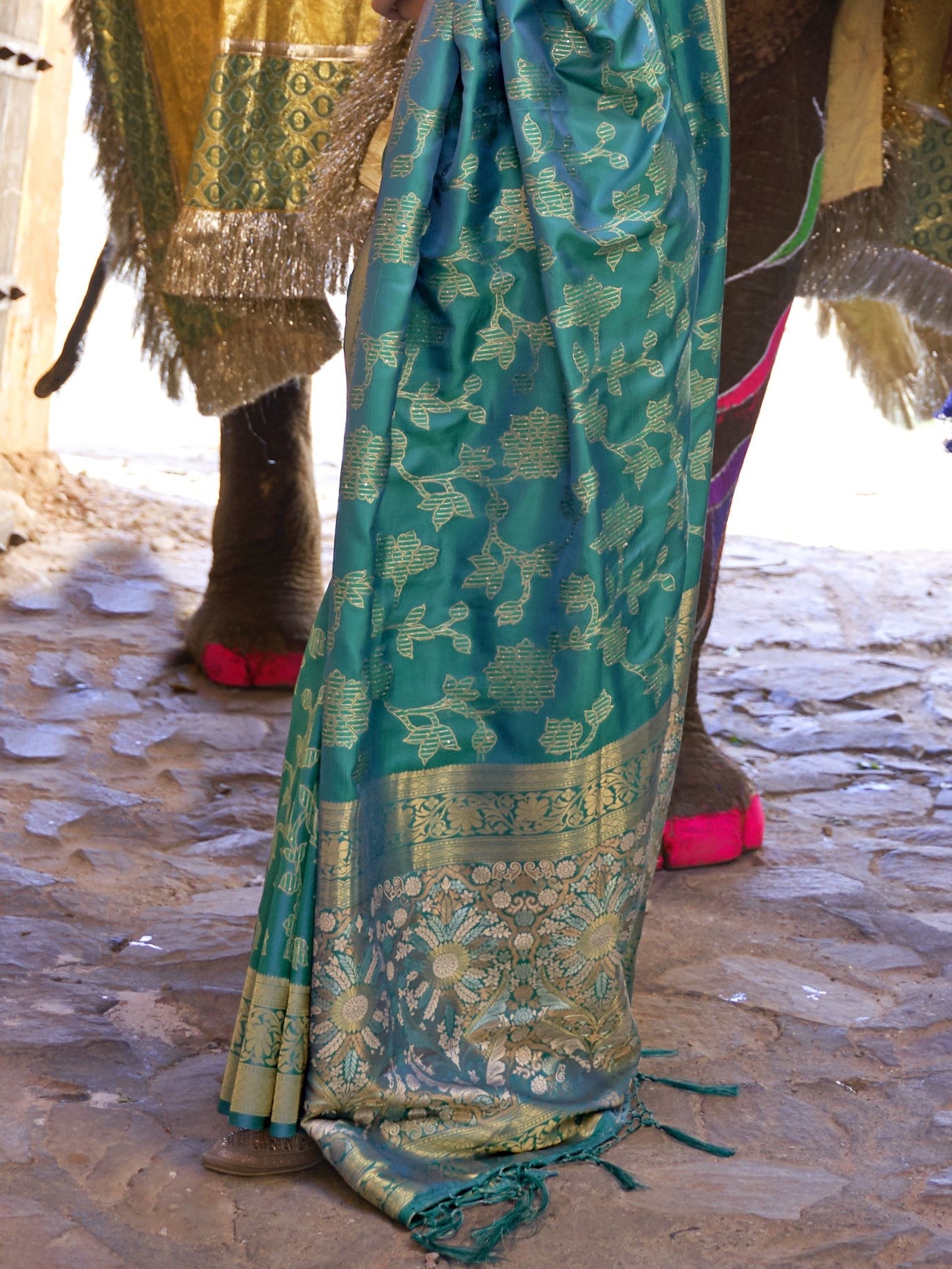 Dark Cyan Woven Banarasi Saree
