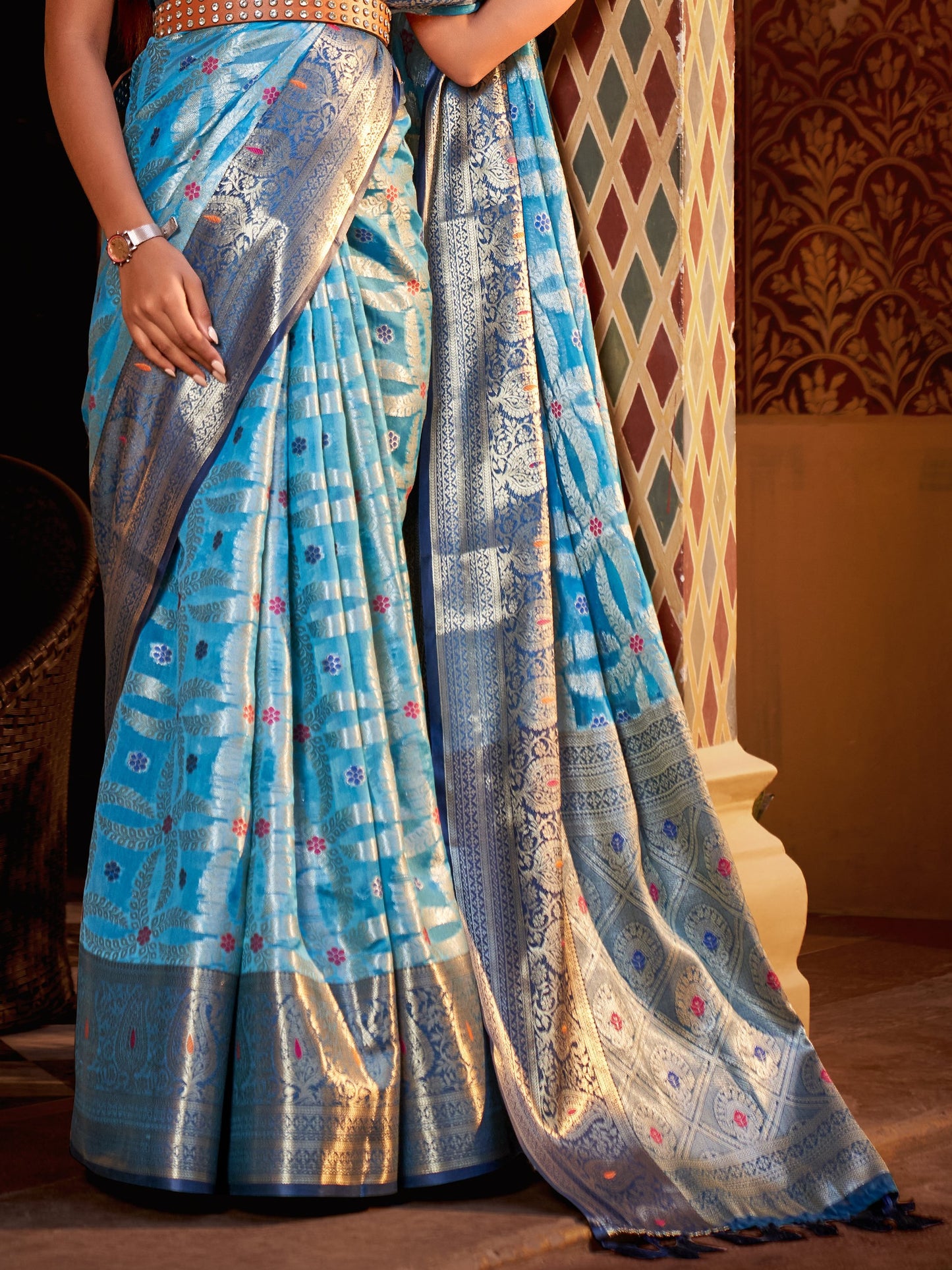 Deep Sky Blue Tissue Silk Saree