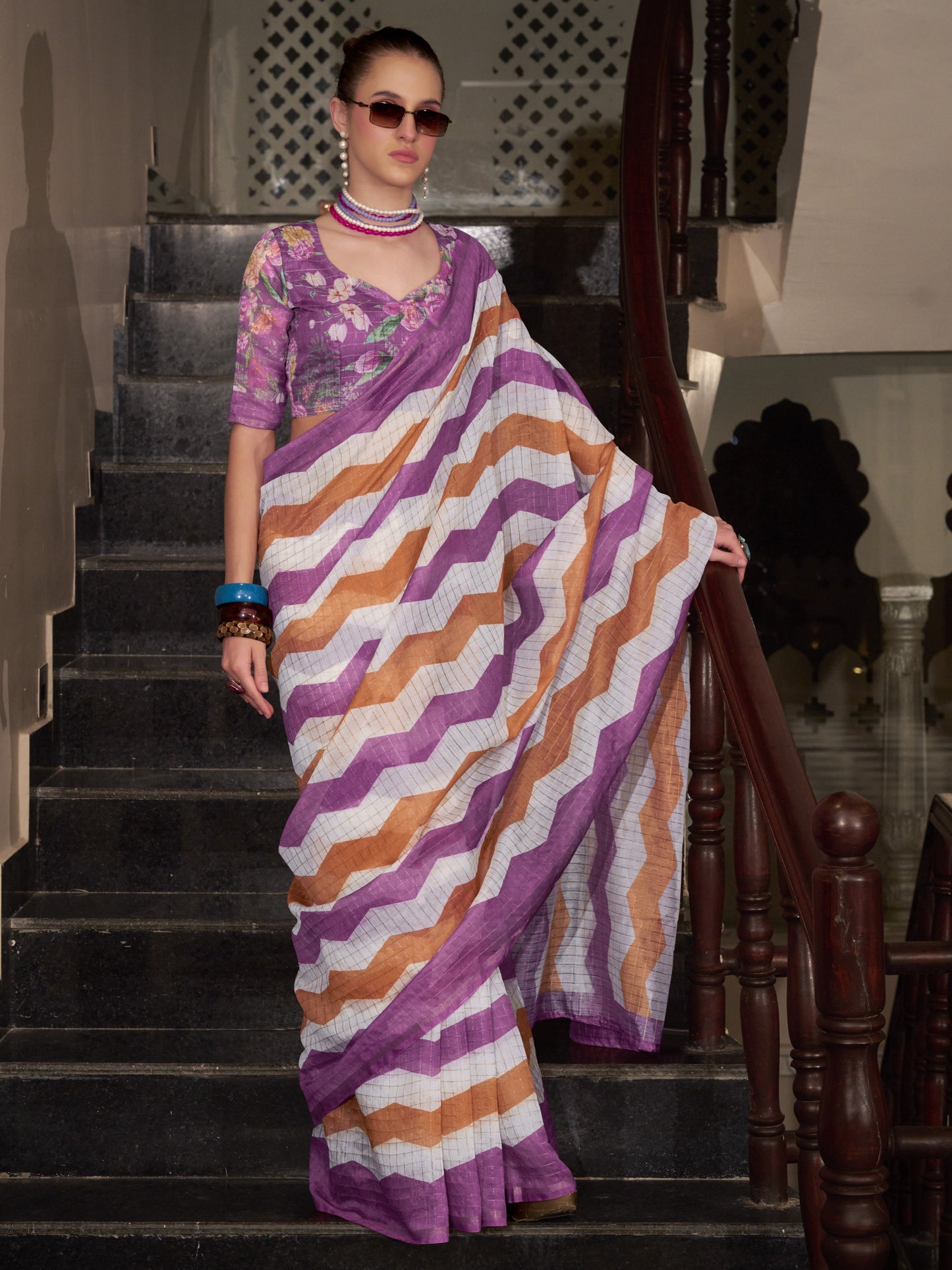 Purple & White Cotton Silk Saree