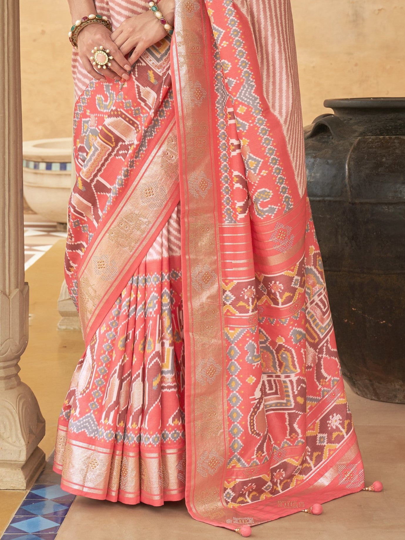 Peachy Pink Woven Patola Saree