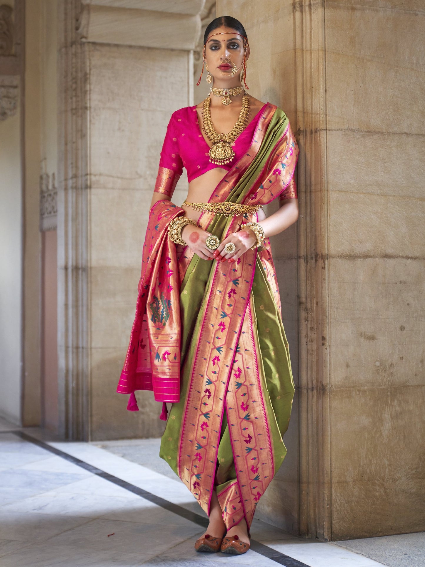 Moss Olive Woven Paithani Saree
