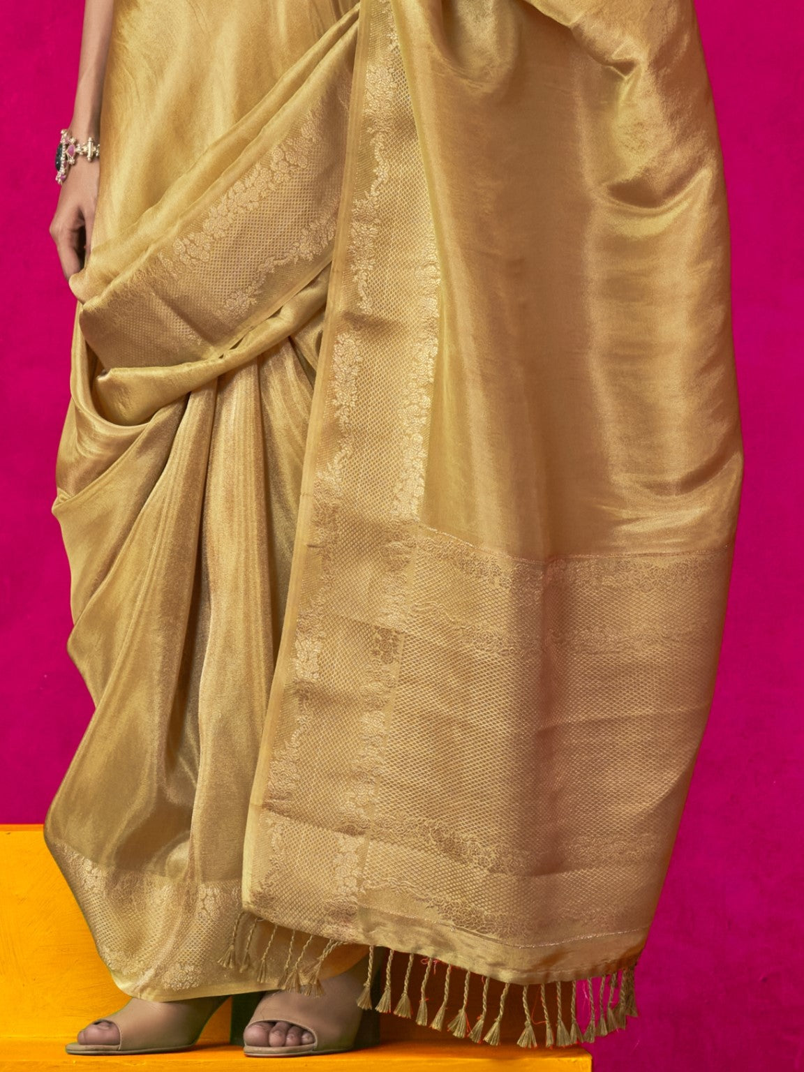 Imperial Golden Zari Woven Tissue Silk Saree with Contrast Blouse