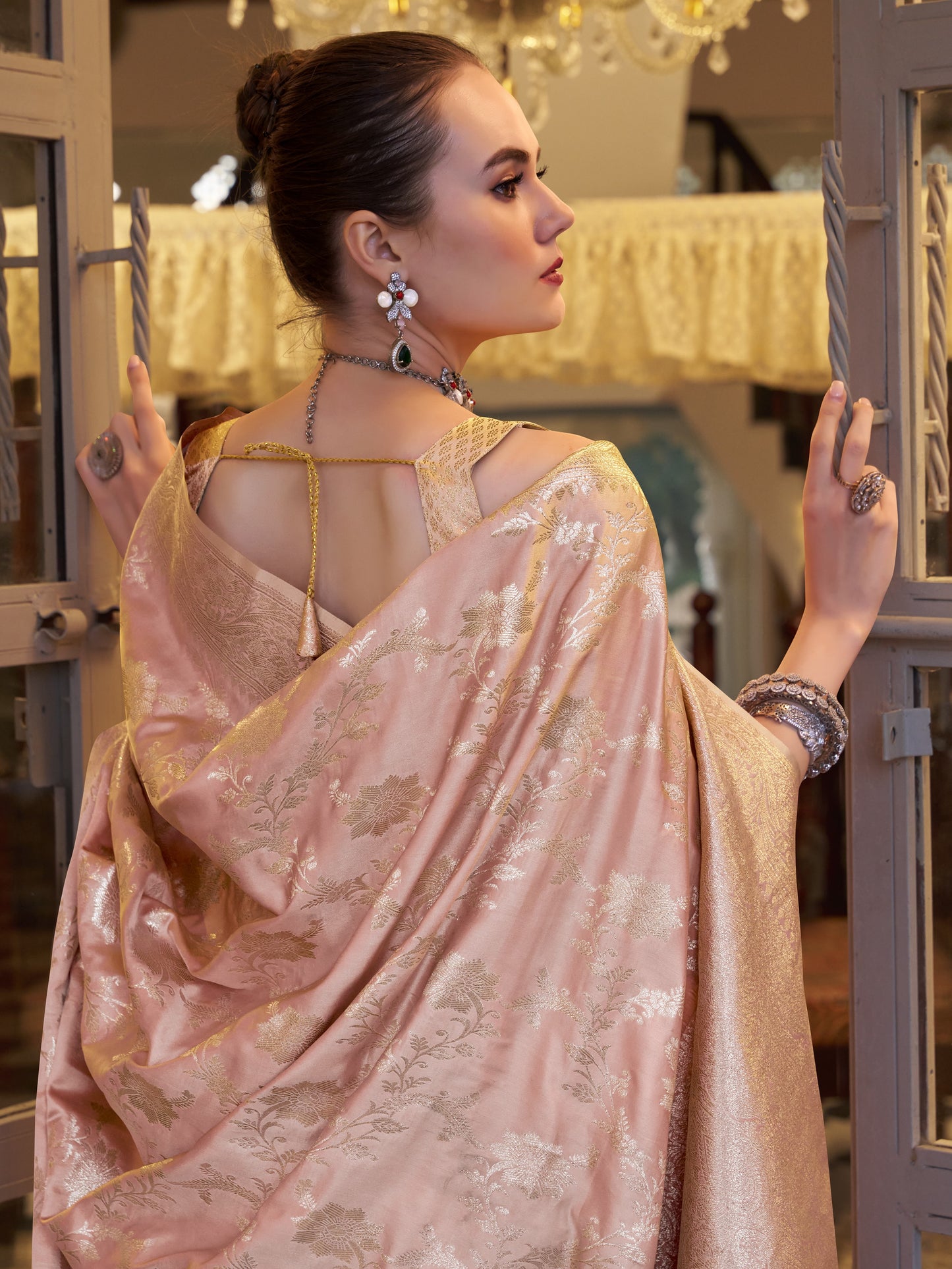 Peachy Pink Woven Banarasi Satin Silk Saree