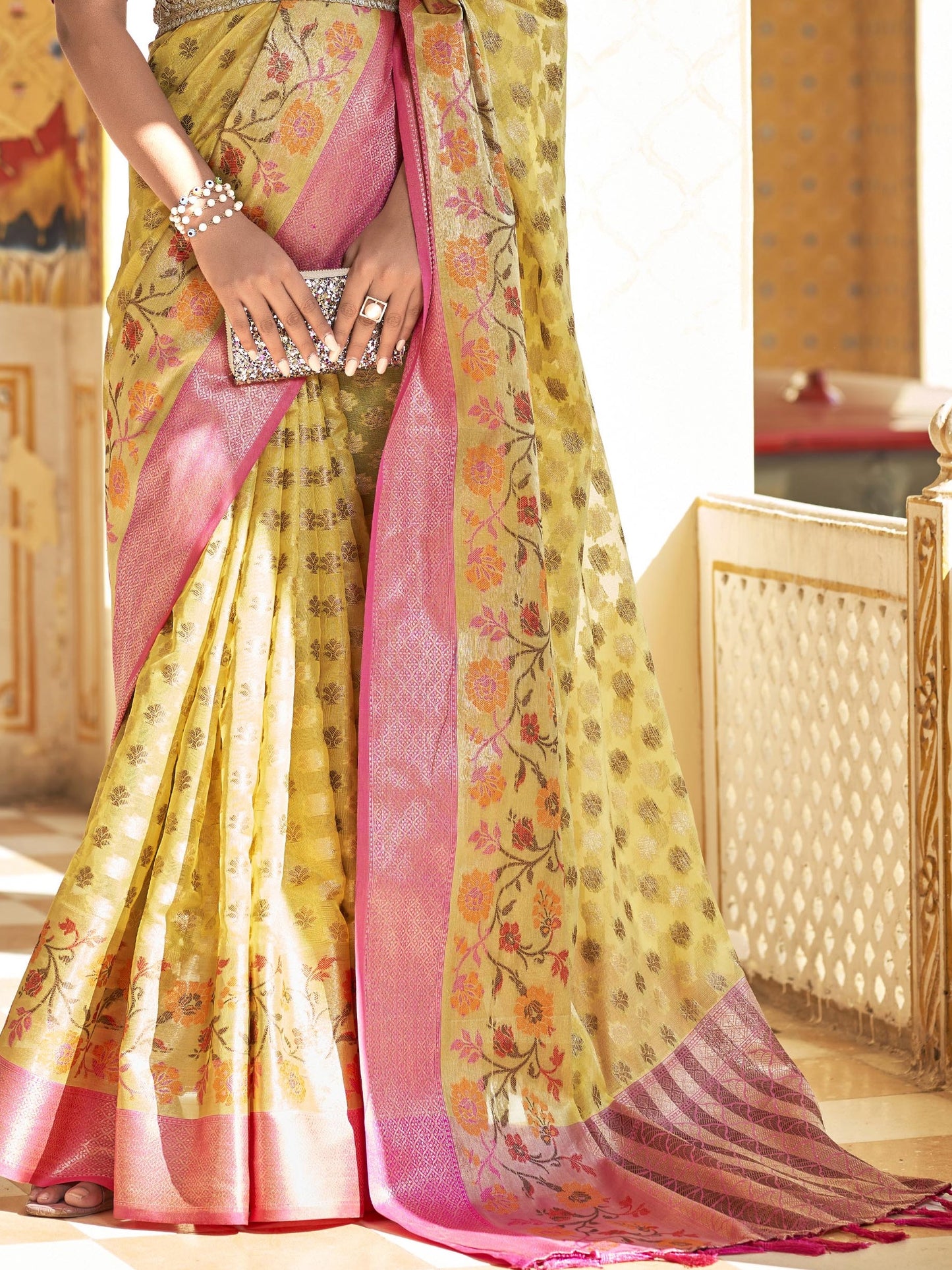Jasmine Yellow Tissue Silk Saree