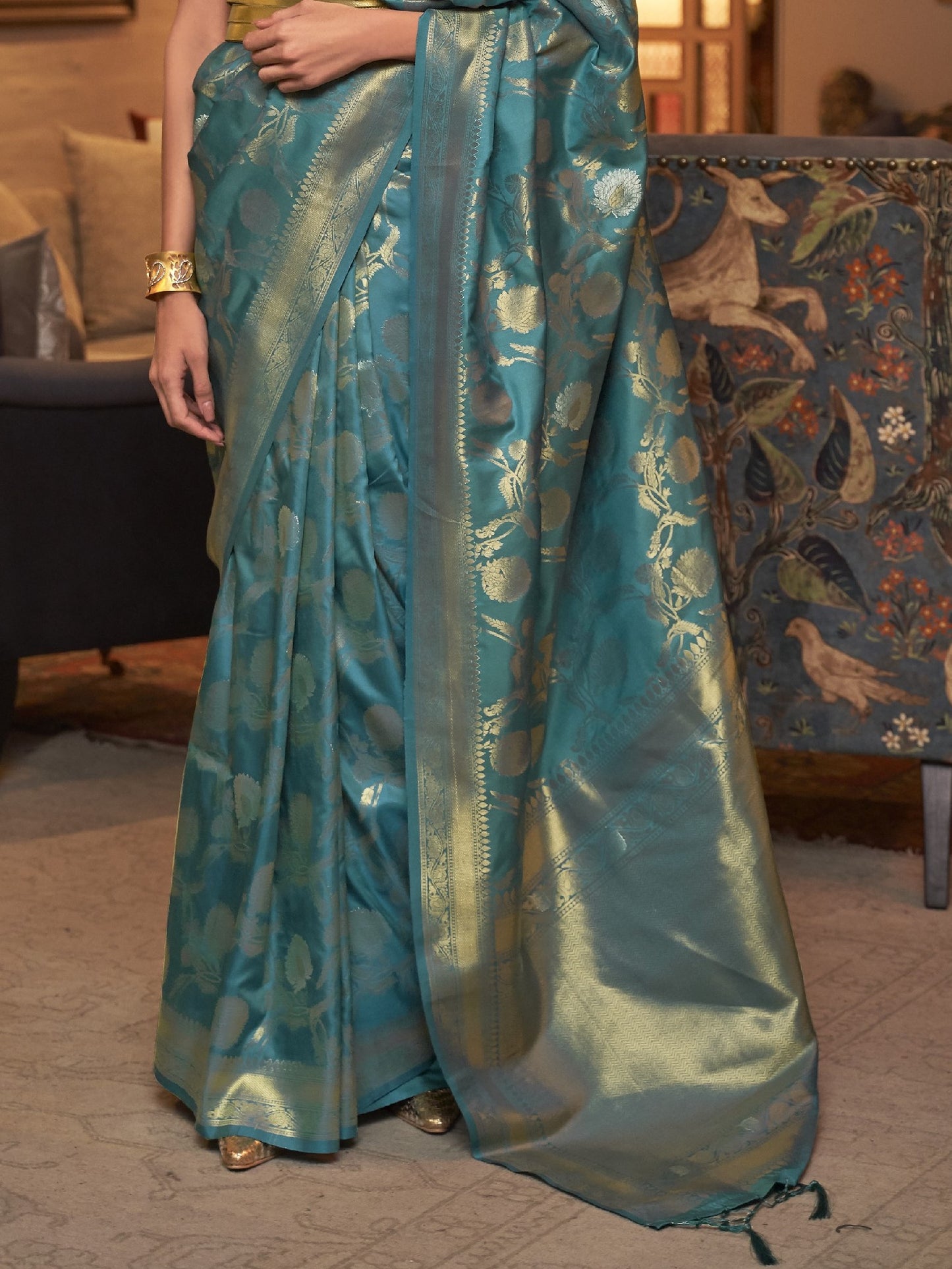 Teal Blue Woven Banarasi Saree