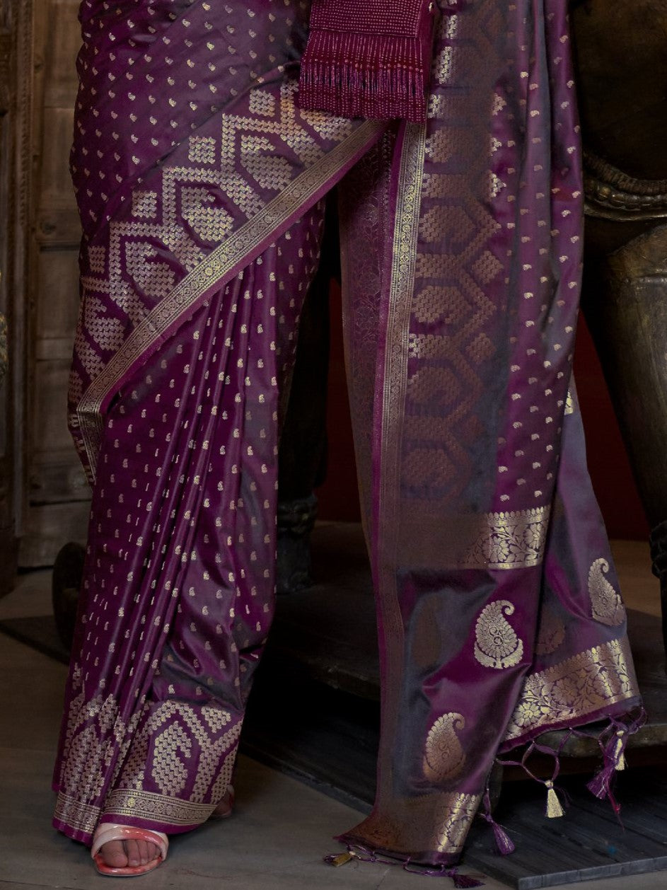 Deep Wine Woven Banarasi Satin Silk Saree