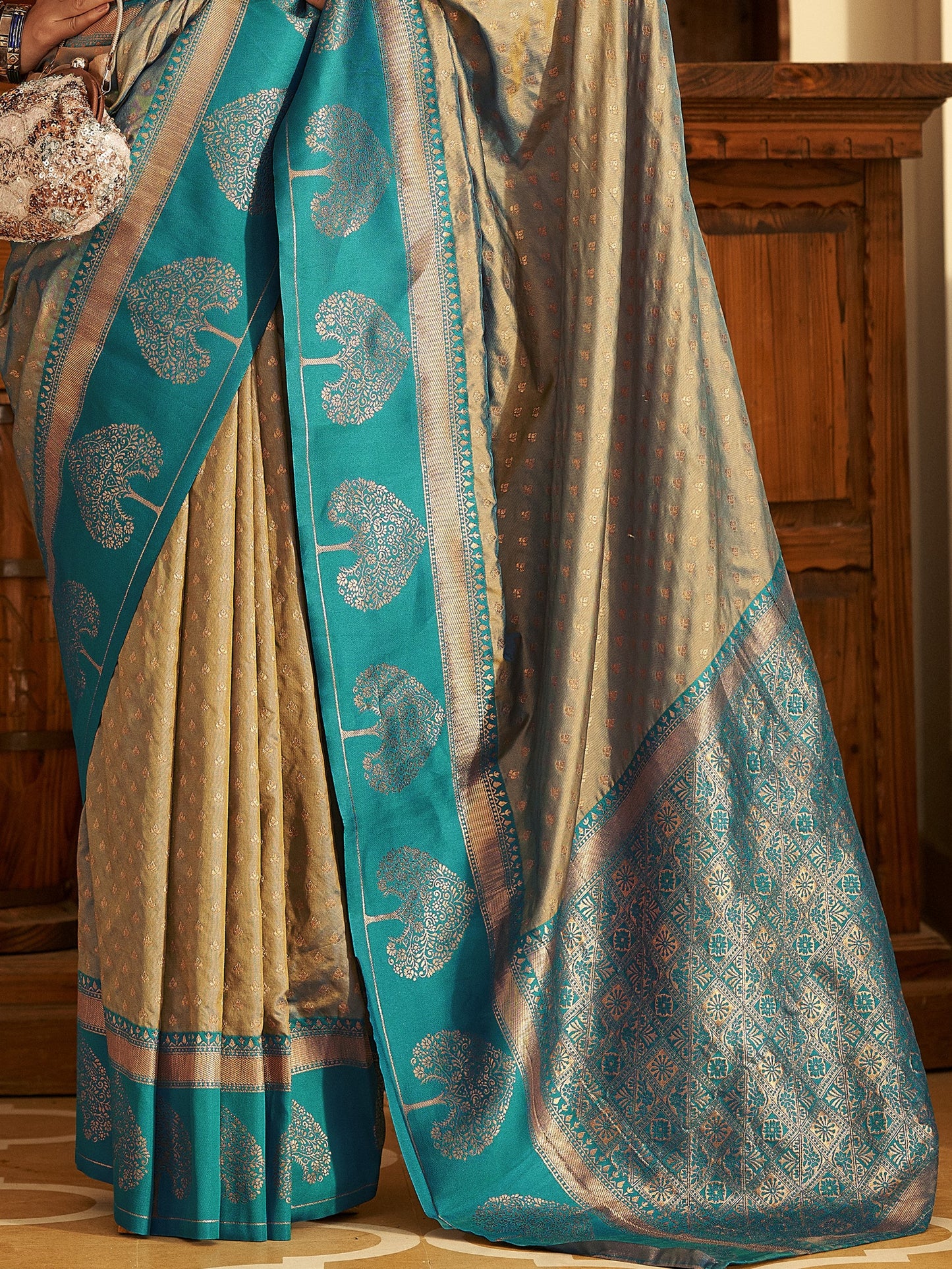 Tan Beige Woven Banarasi Soft Silk Saree