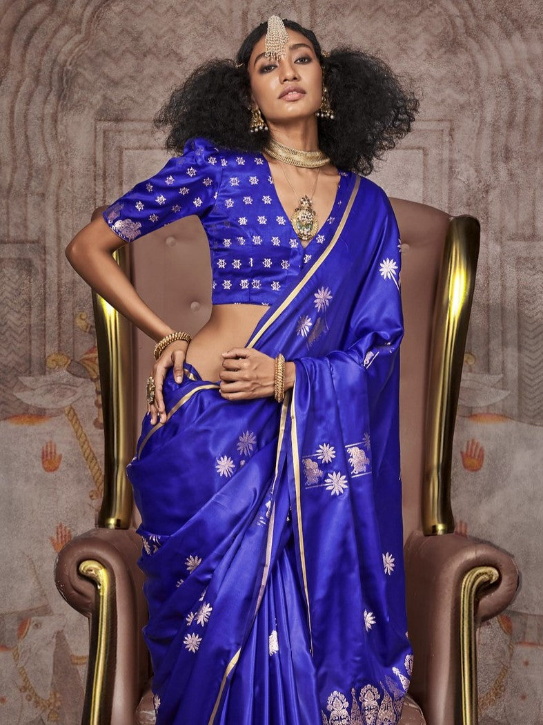 Cobalt Blue Woven Banarasi Satin Silk Saree
