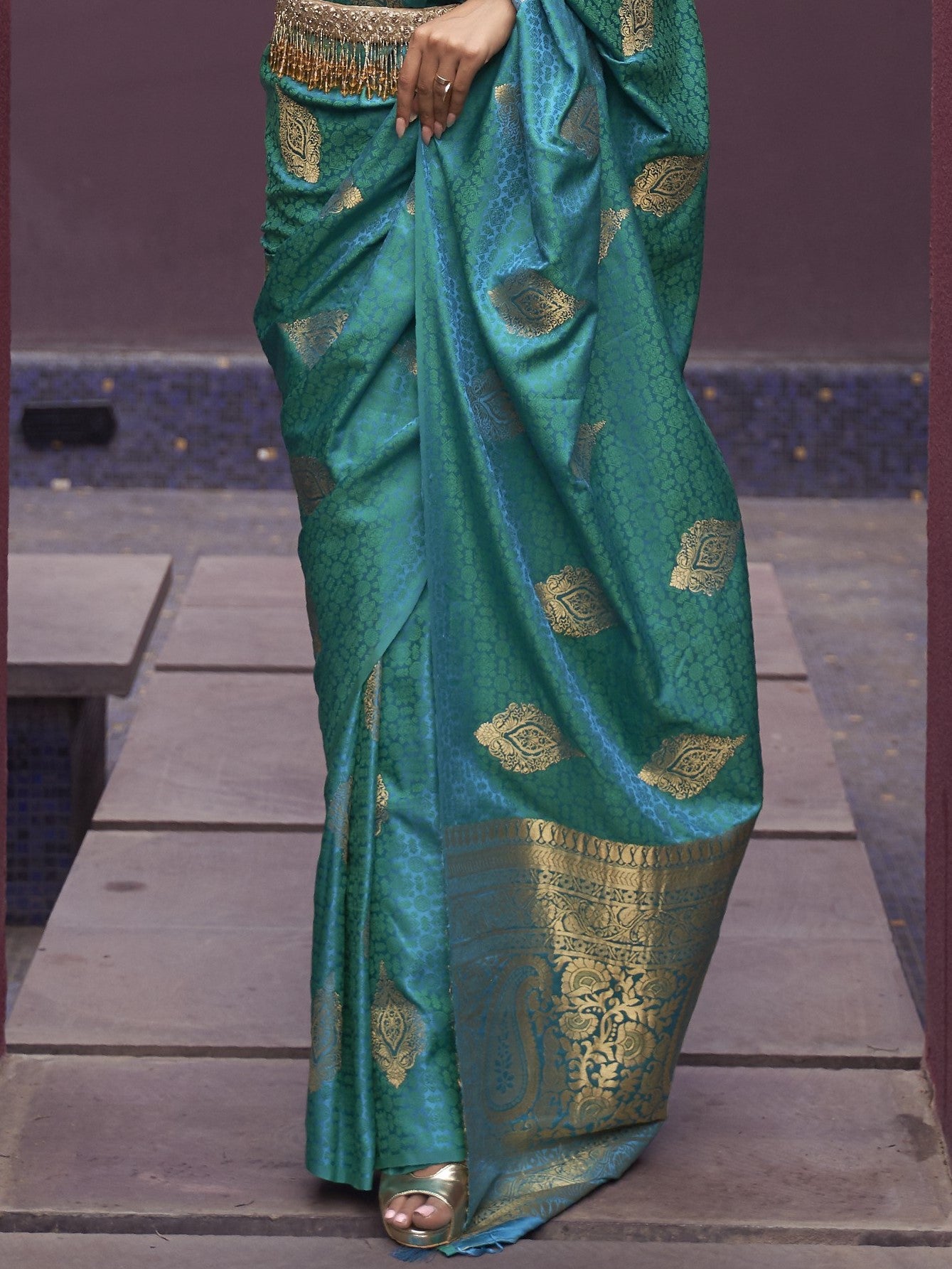 Sea Blue Satin Silk Banarasi Saree