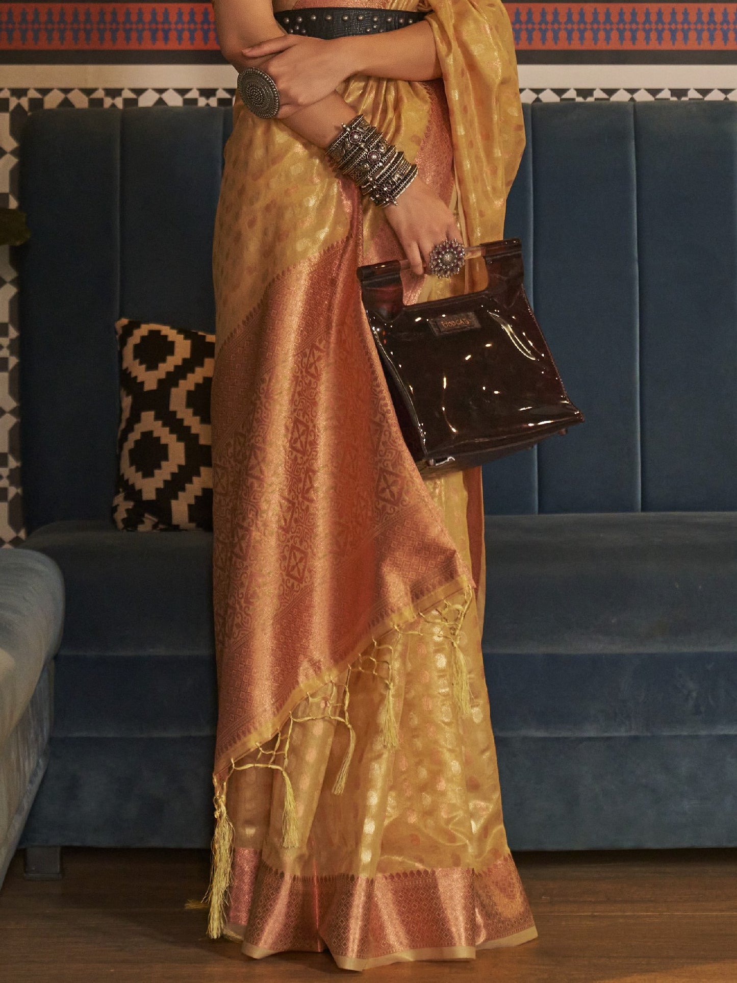 Golden Yellow Tissue Silk Saree