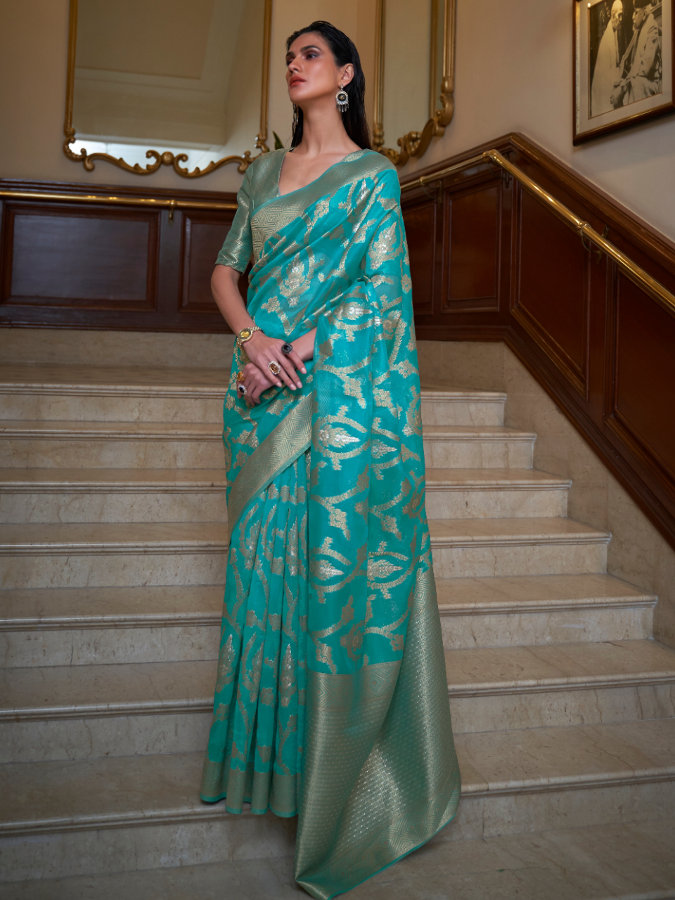 blue organza saree