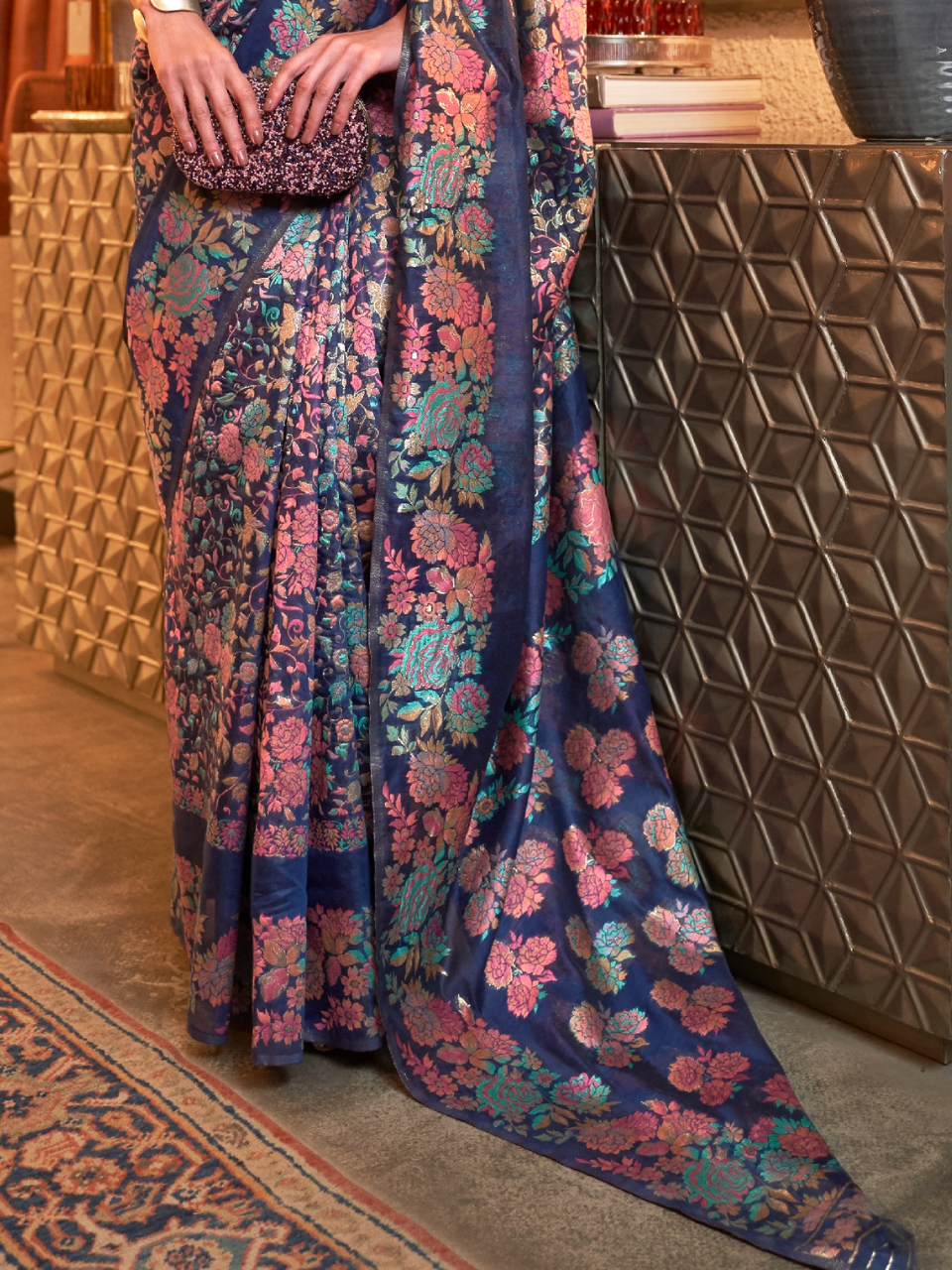 Midnight Blue Woven Kashmiri Silk Saree