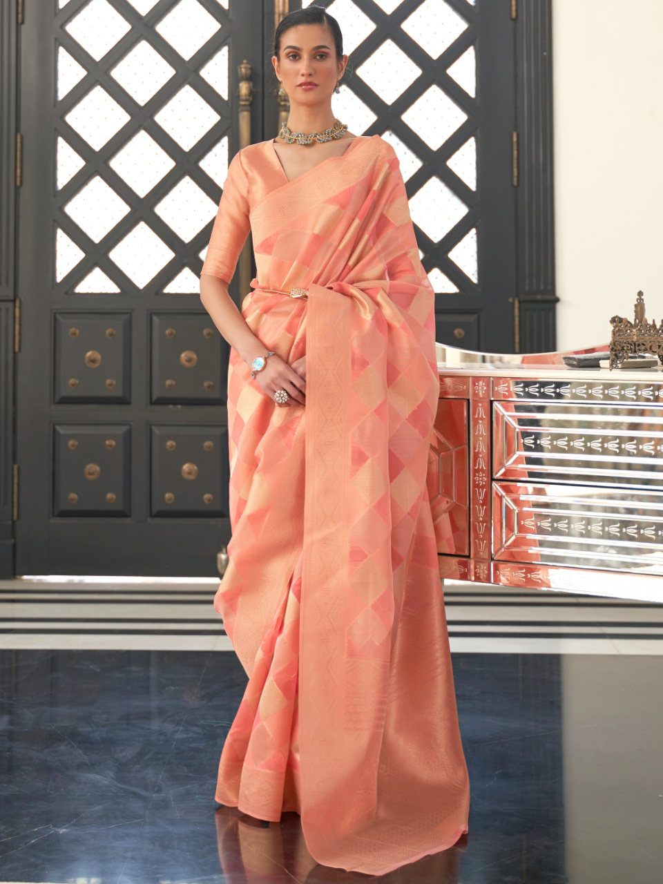 peach organza saree