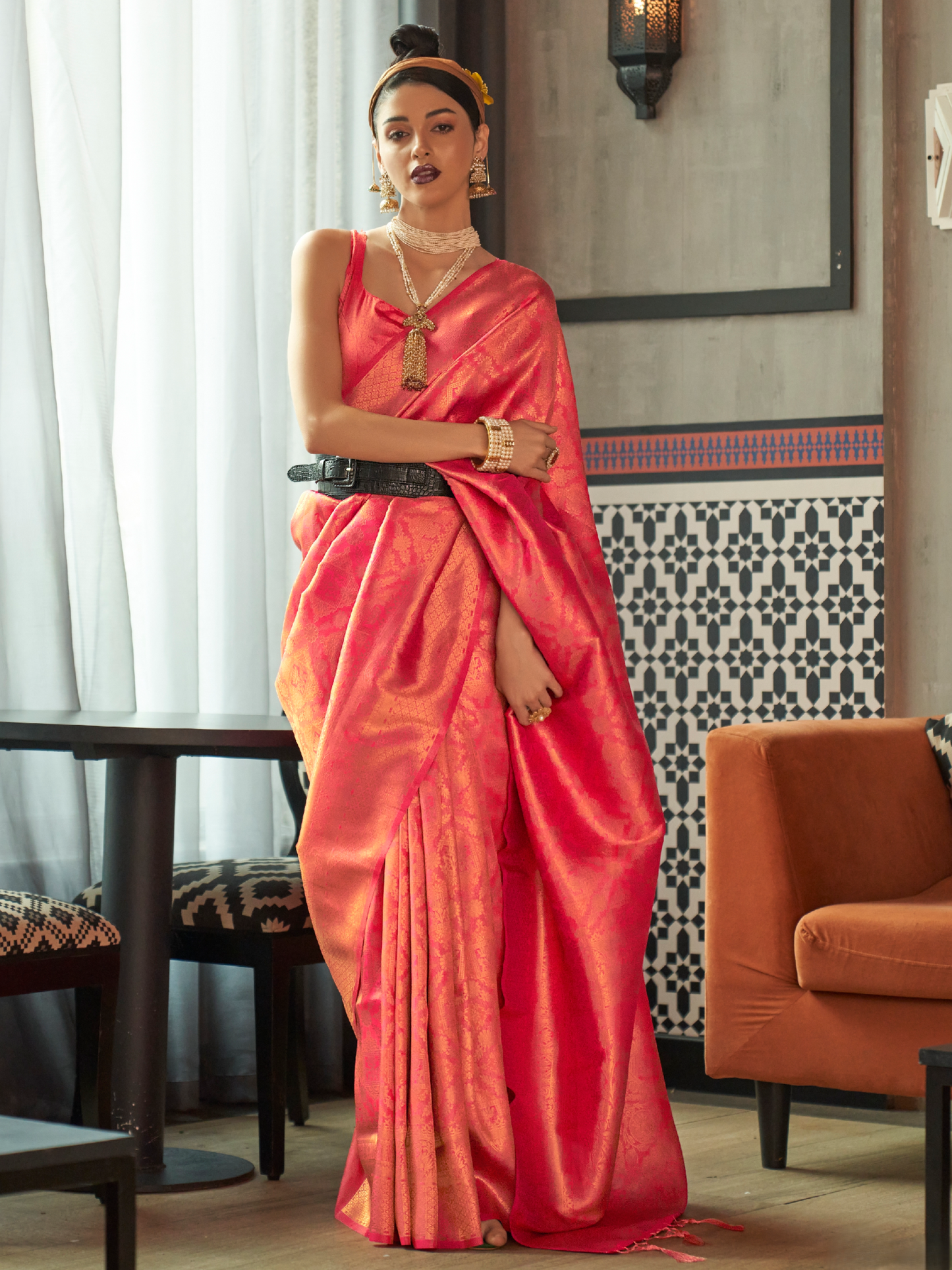 Golden Pink Woven Kanjivaram Silk Saree