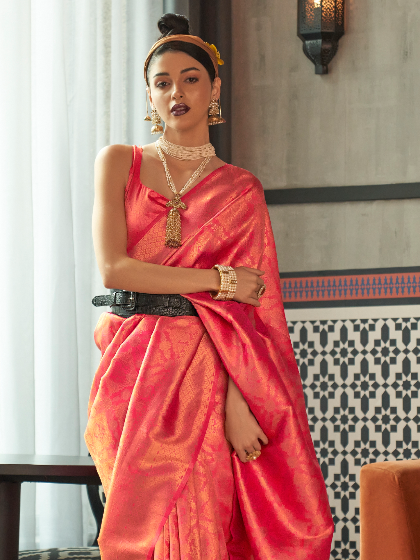 Golden Pink Woven Kanjivaram Silk Saree
