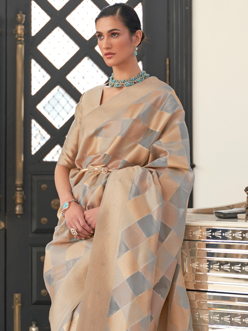 gray organza saree