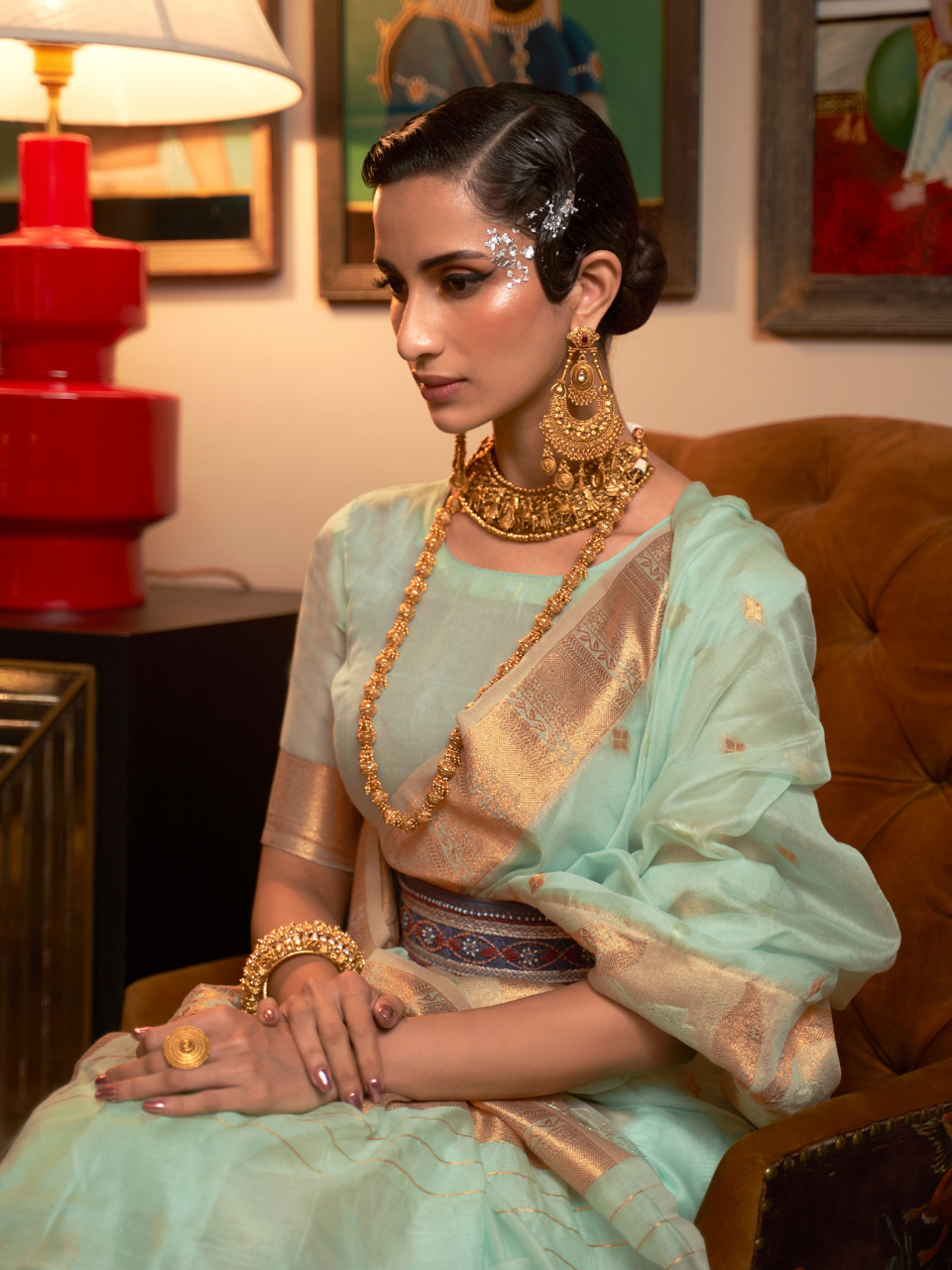 pista green organza saree
