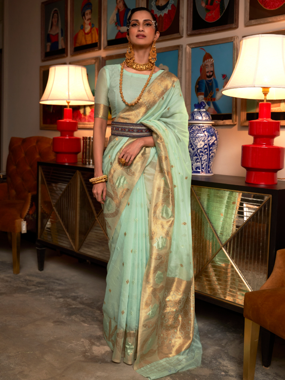 calm green organza saree
