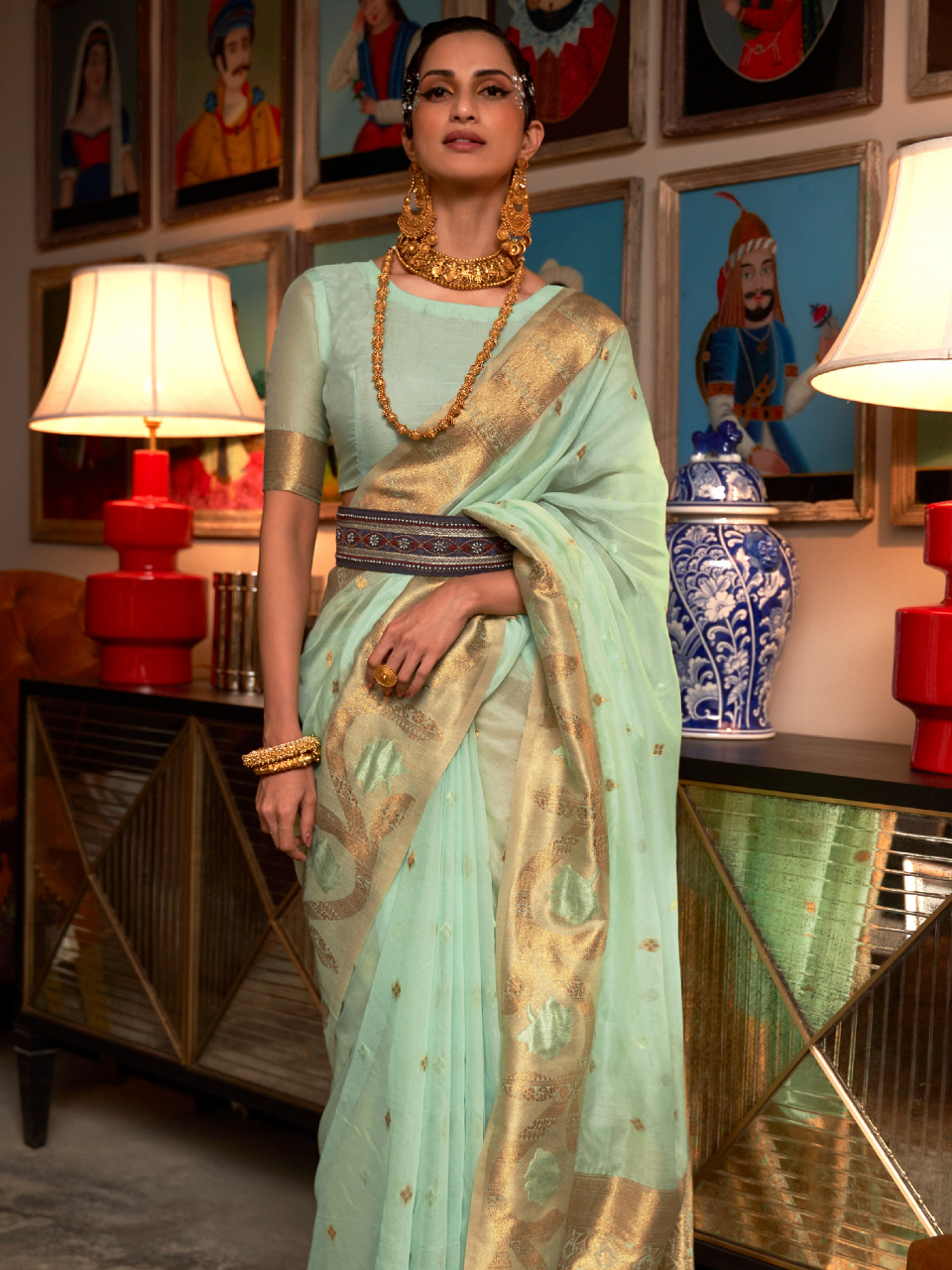 green organza saree