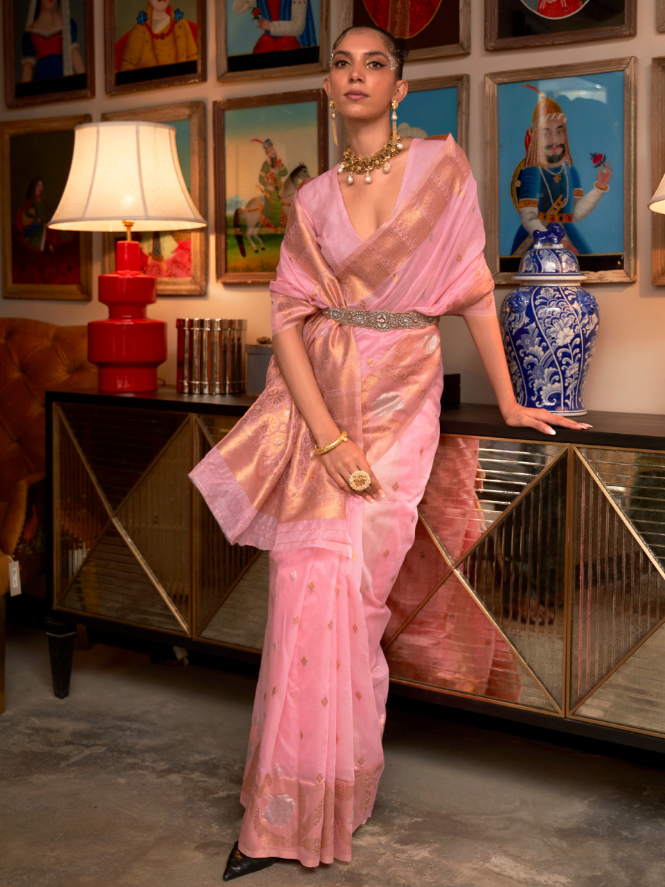 pink organza saree