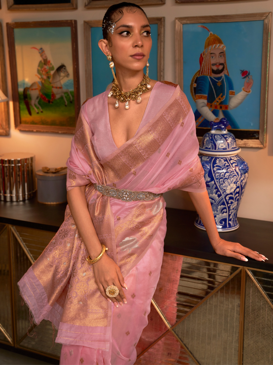 blush pink organza saree