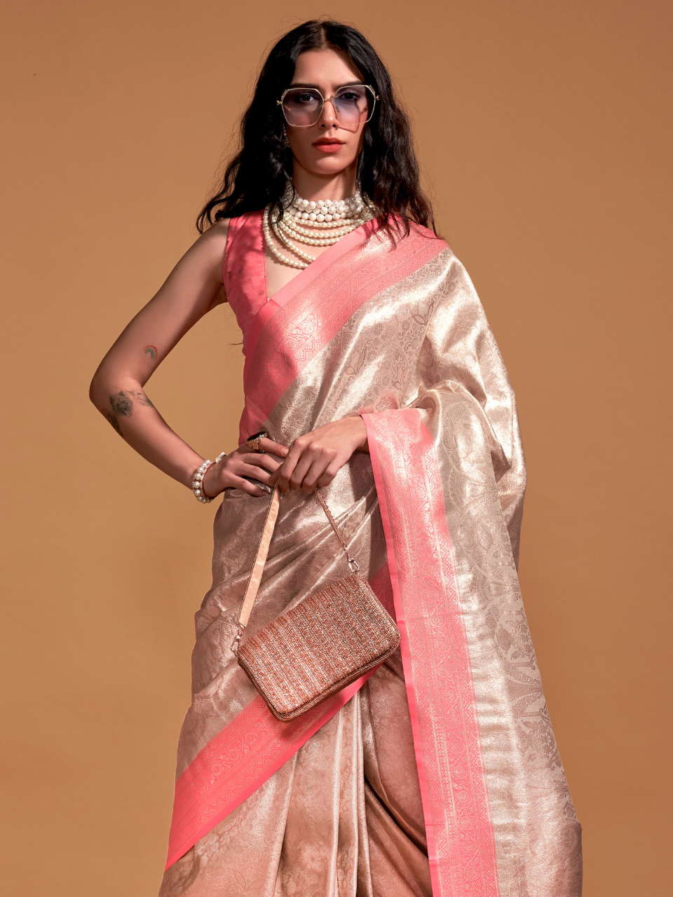 Shimmering Beige and Peach Woven Kanjivaram Silk Saree