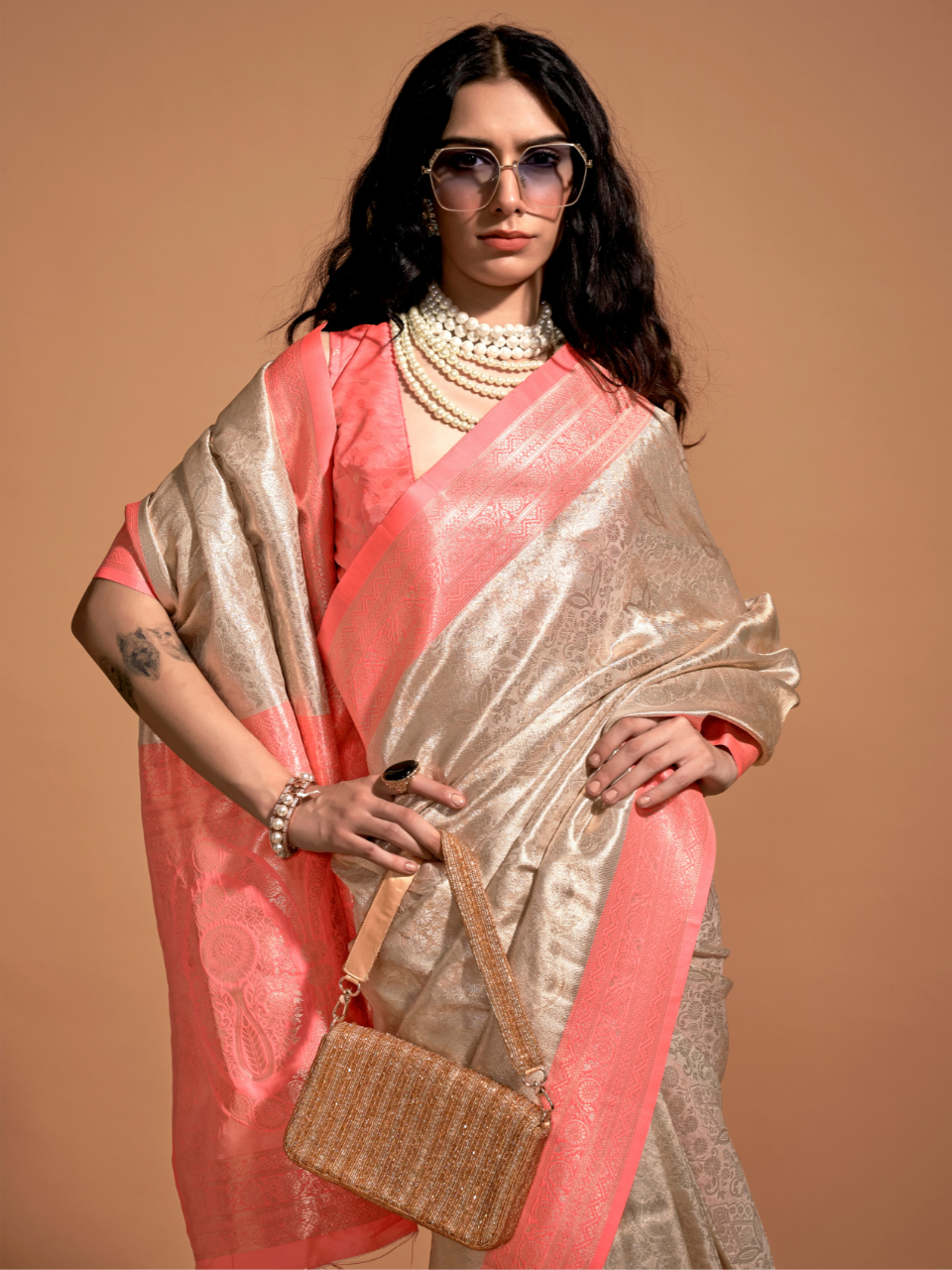 Shimmering Beige and Peach Woven Kanjivaram Silk Saree