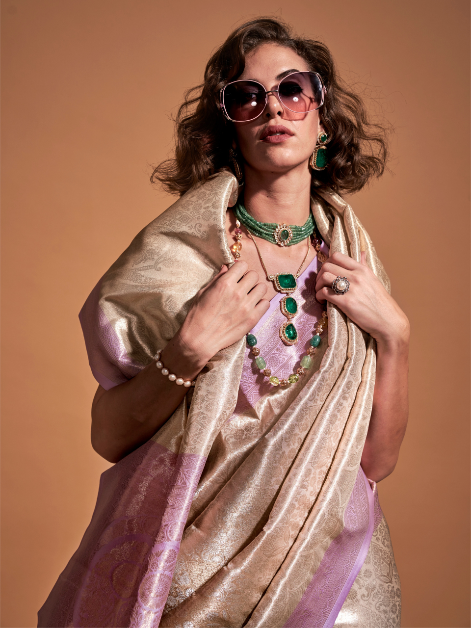 Glossy Tan and Lilac Woven Kanjivaram Silk Saree