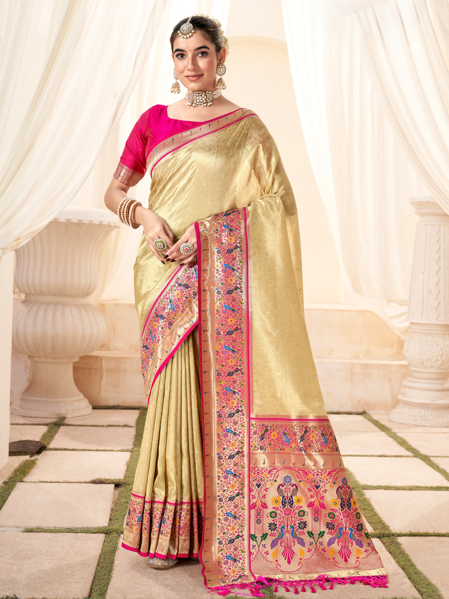 Bisque Beige Woven Paithani Tissue Silk Saree