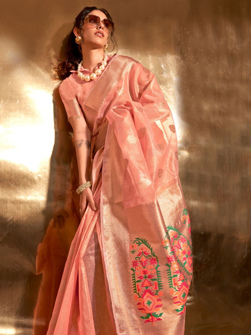peach tissue paithani