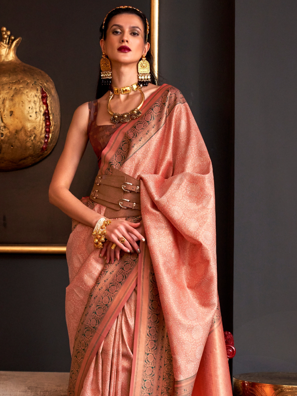Festive Peach Woven Banarasi Silk Saree