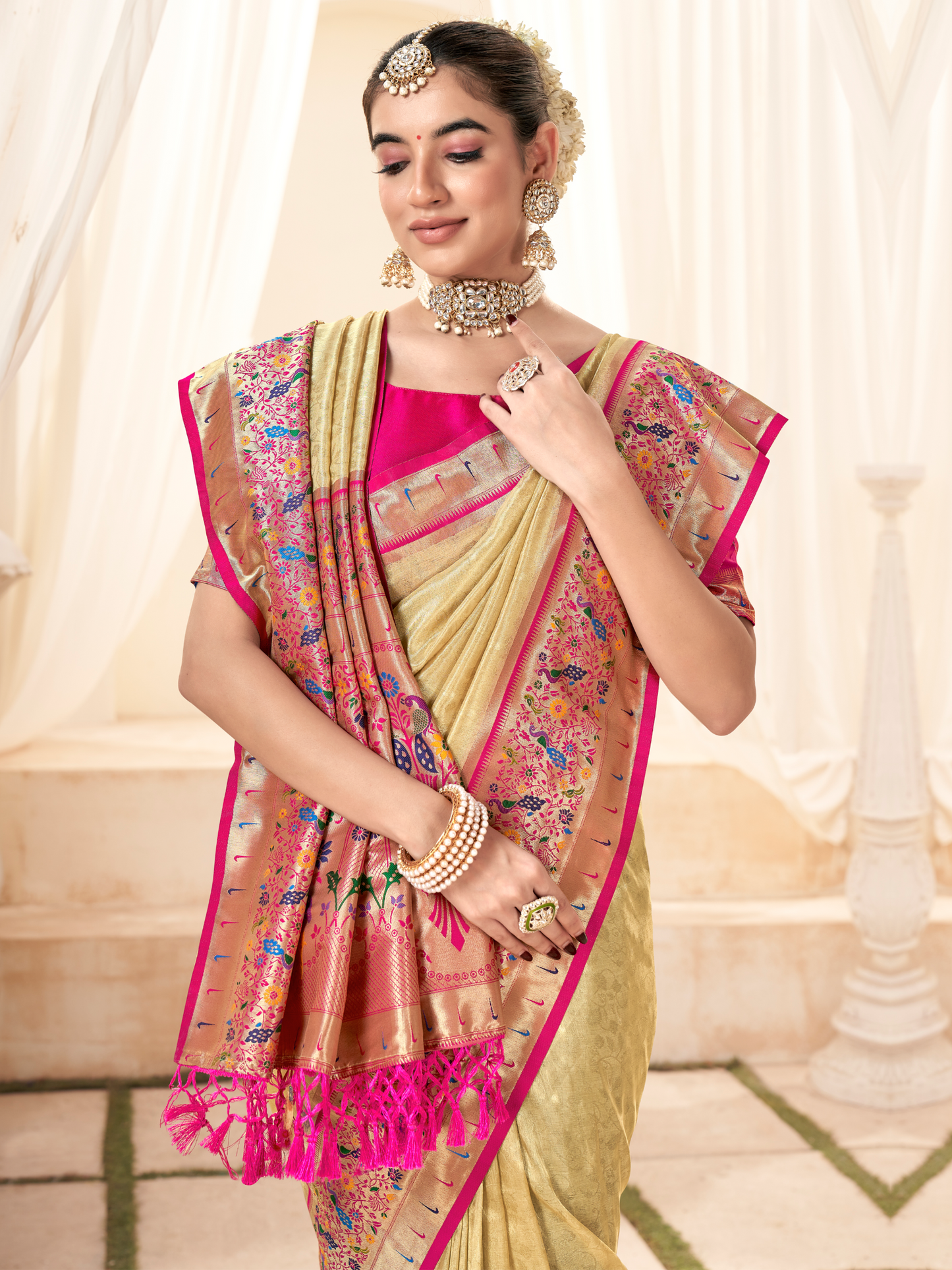 Bisque Beige Woven Paithani Tissue Silk Saree