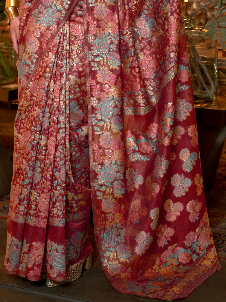 Sangria Red Woven Kashmiri Silk Saree