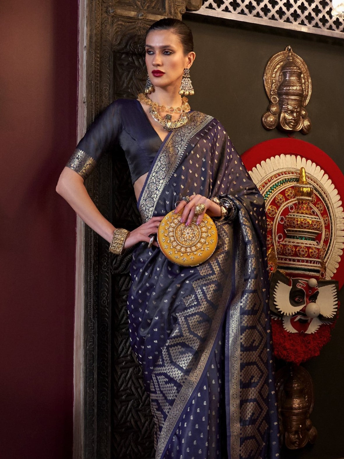 Deep Navy Blue Woven Banarasi Satin Silk Saree