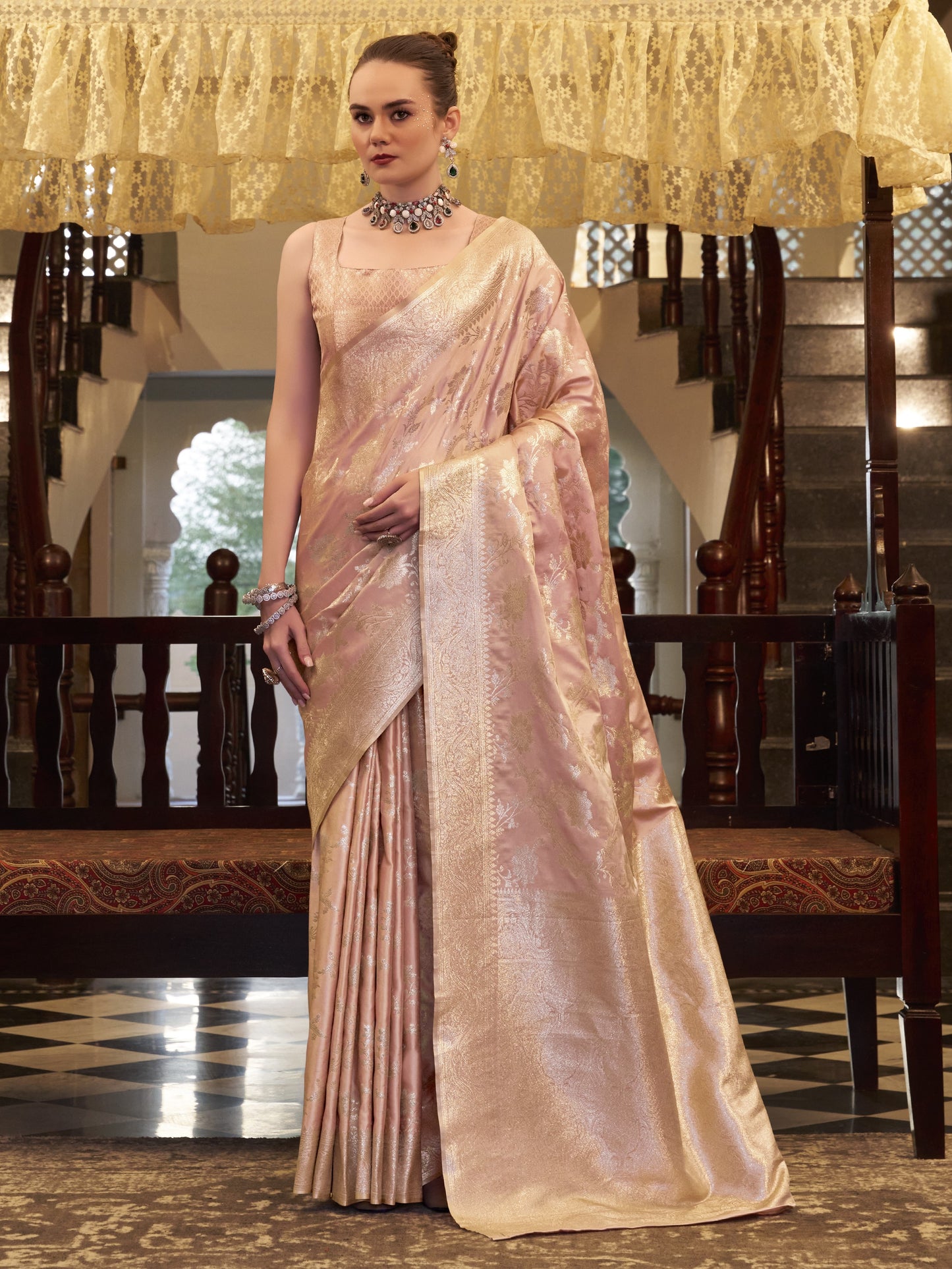 Peachy Pink Woven Banarasi Satin Silk Saree