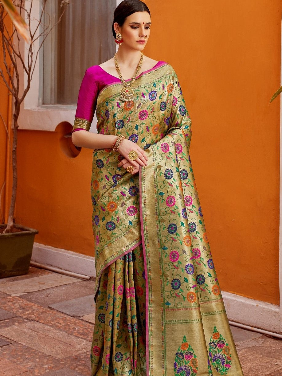Beige Gold Pink Paithani Saree