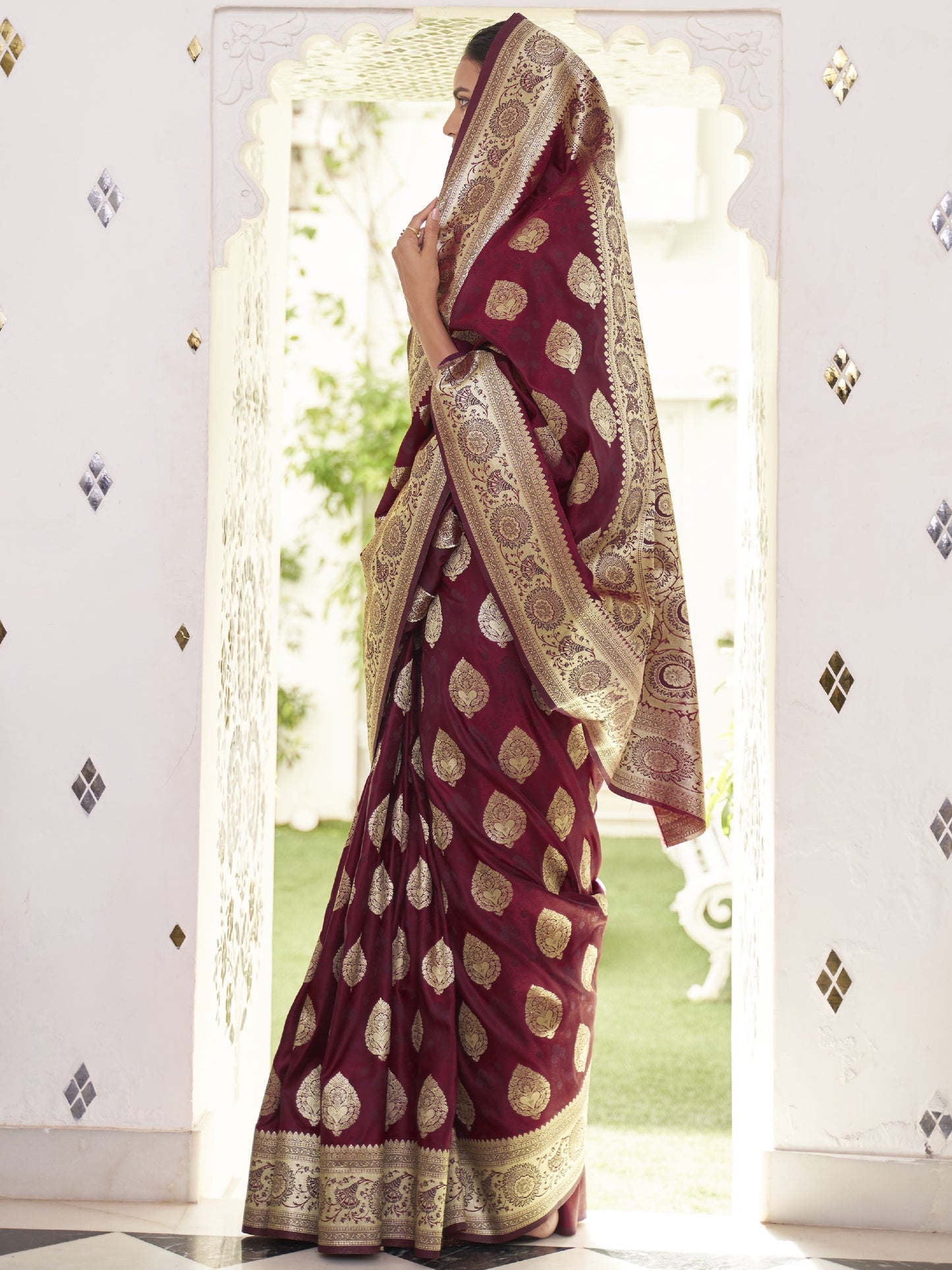 Deep Wine Satin Silk Banarasi Saree