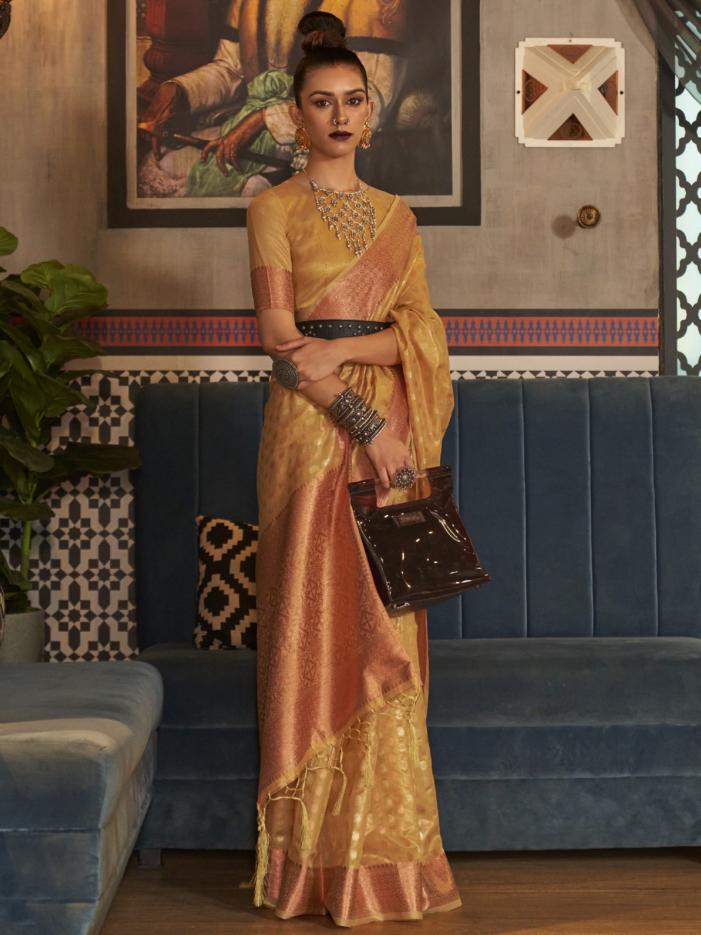 Golden Yellow Tissue Silk Saree