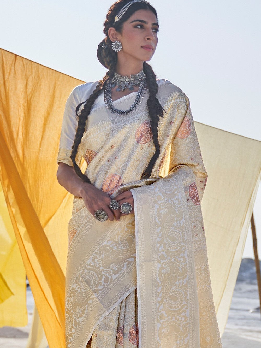Golden White Kanjivaram Saree