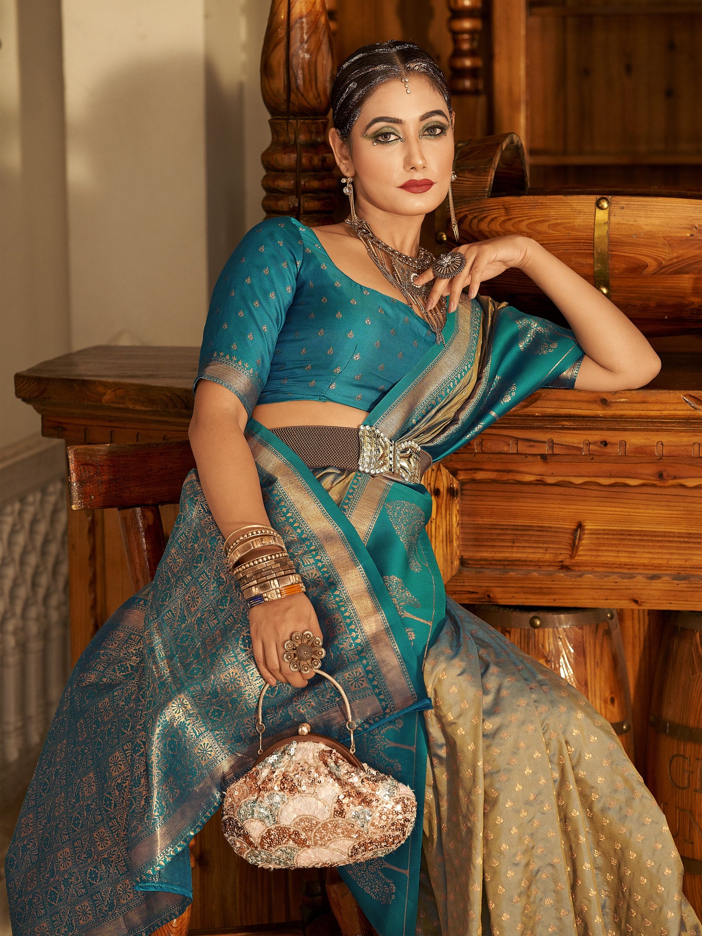 Tan Beige Woven Banarasi Soft Silk Saree